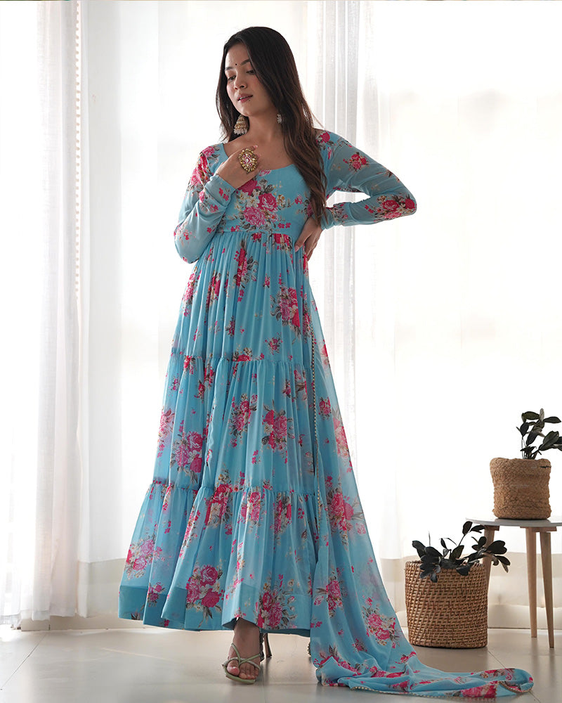 Pure Soft Georgette Frill Anarkali Suit Set with Floral Print Dupatta – Festival & Party Wear