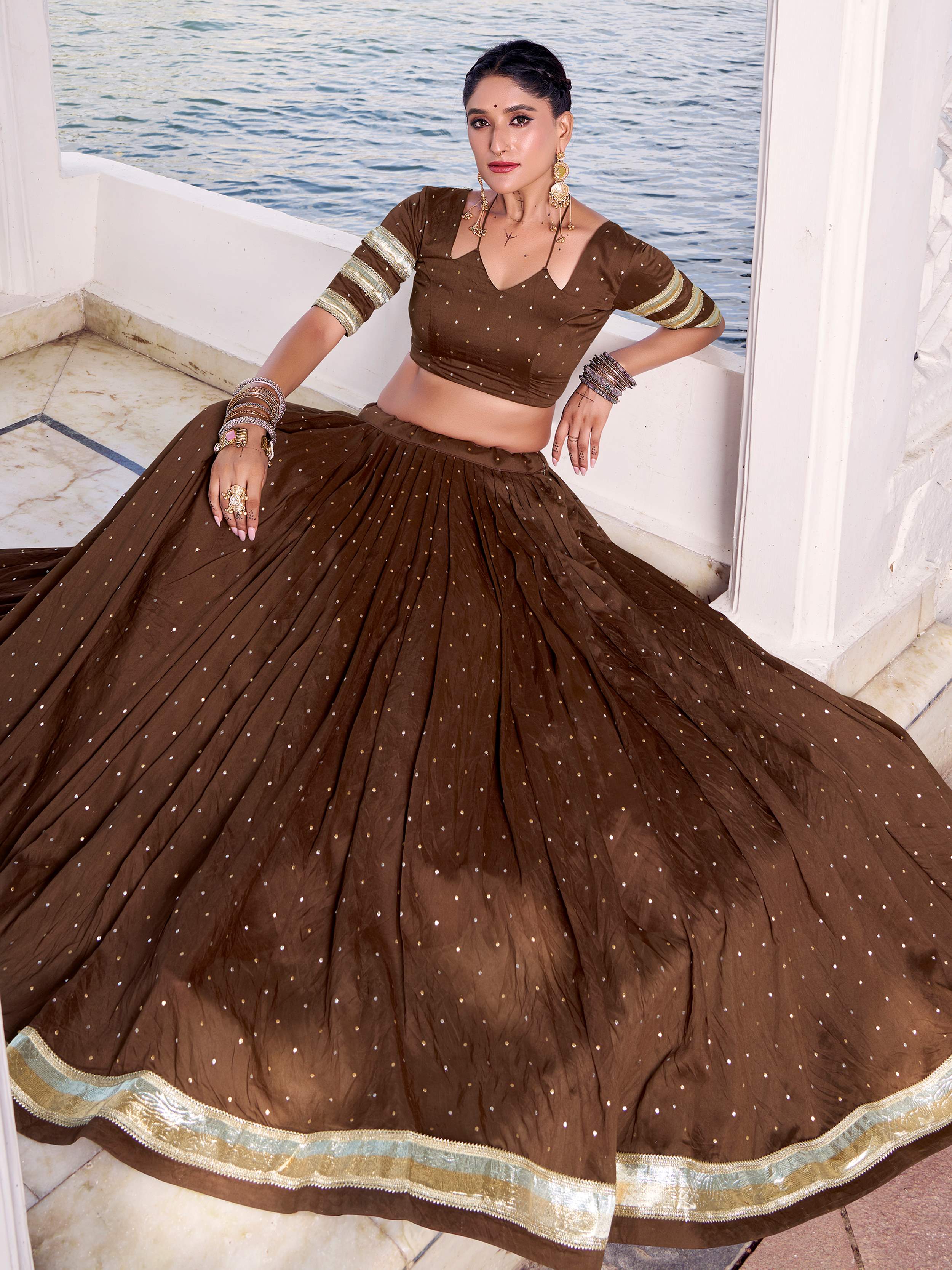 Adorable Brown Chanderi Lehenga Choli with Lace-Up Blouse and Gold Detailing
