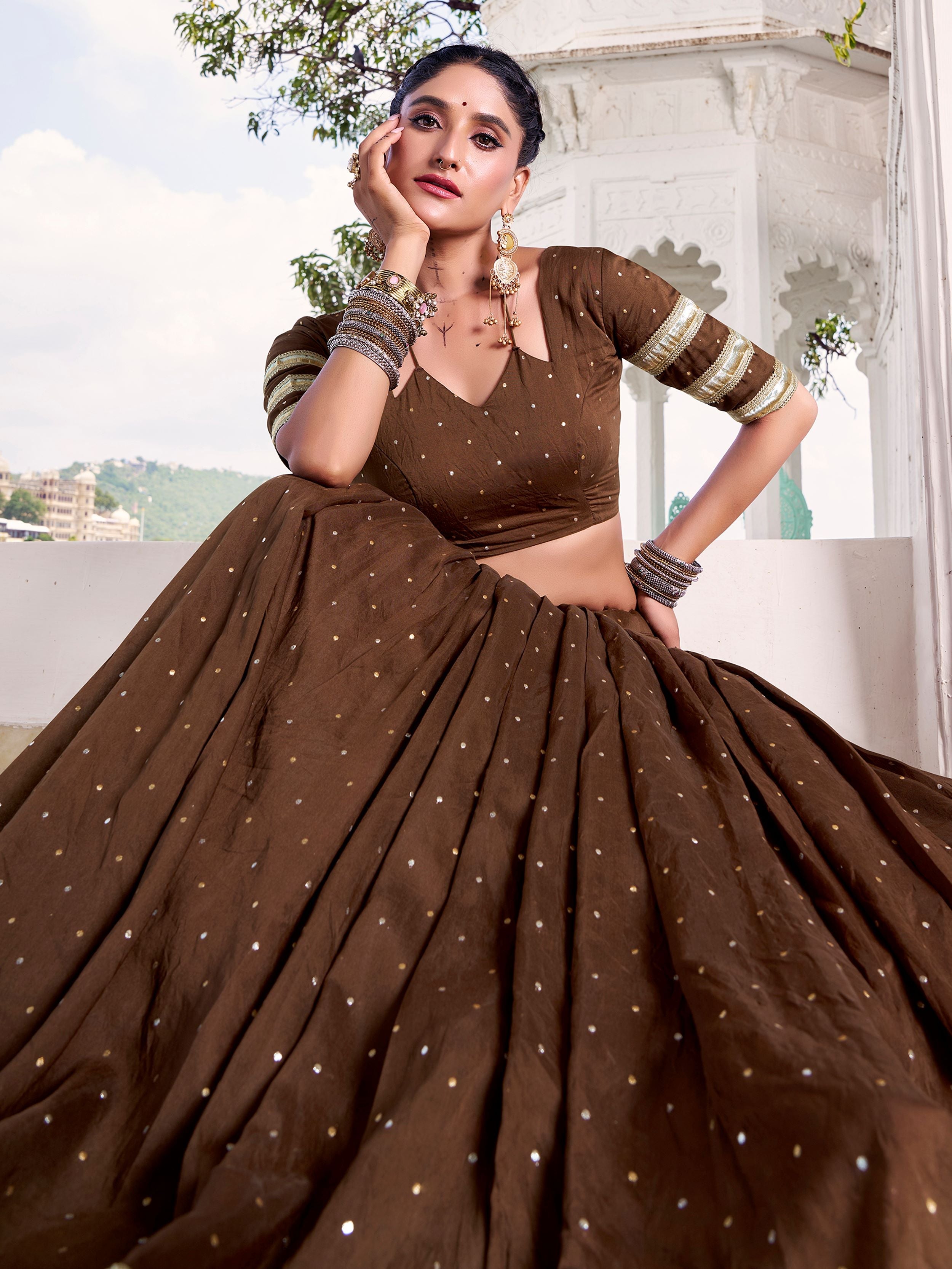 Adorable Brown Chanderi Lehenga Choli with Lace-Up Blouse and Gold Detailing