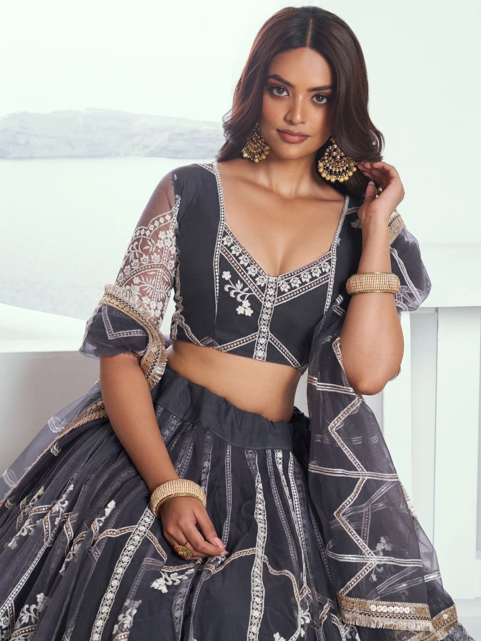 Adorable Slate Grey Lehenga Choli with Thread & Sequin Embroidery