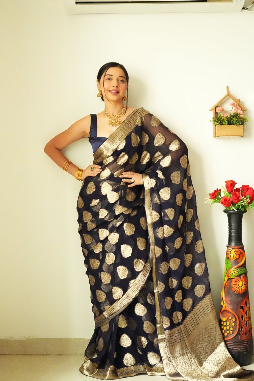 Black Cotton Silk Saree with Elegant Jacquard Weaving and Matching Blouse