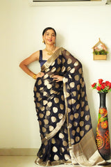 Black Cotton Silk Saree with Elegant Jacquard Weaving and Matching Blouse