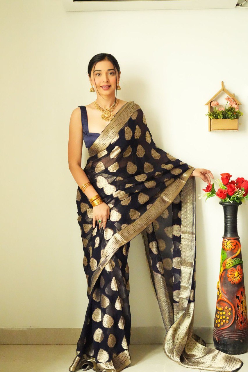 Black Cotton Silk Saree with Elegant Jacquard Weaving and Matching Blouse