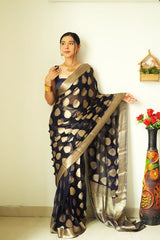 Black Cotton Silk Saree with Elegant Jacquard Weaving and Matching Blouse