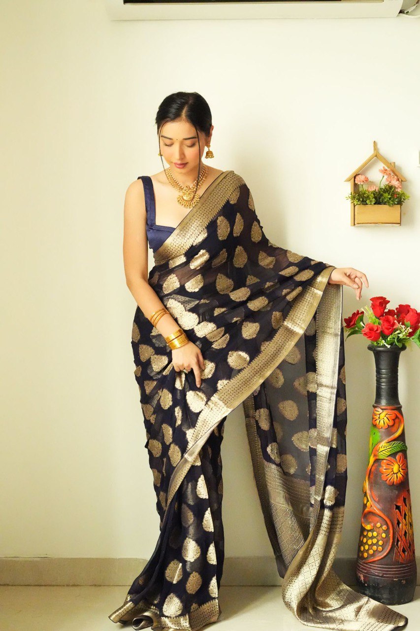 Black Cotton Silk Saree with Elegant Jacquard Weaving and Matching Blouse