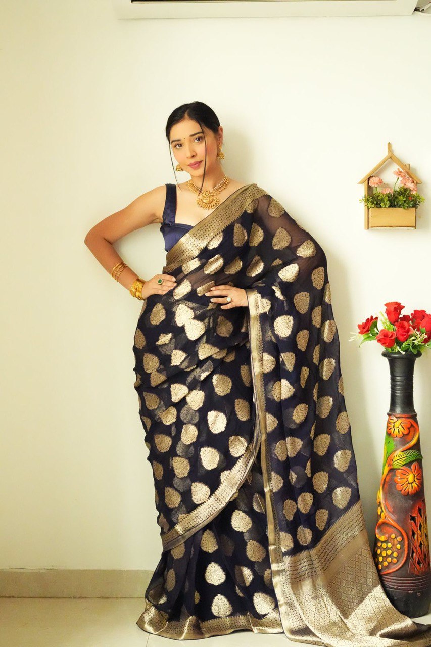 Black Cotton Silk Saree with Elegant Jacquard Weaving and Matching Blouse