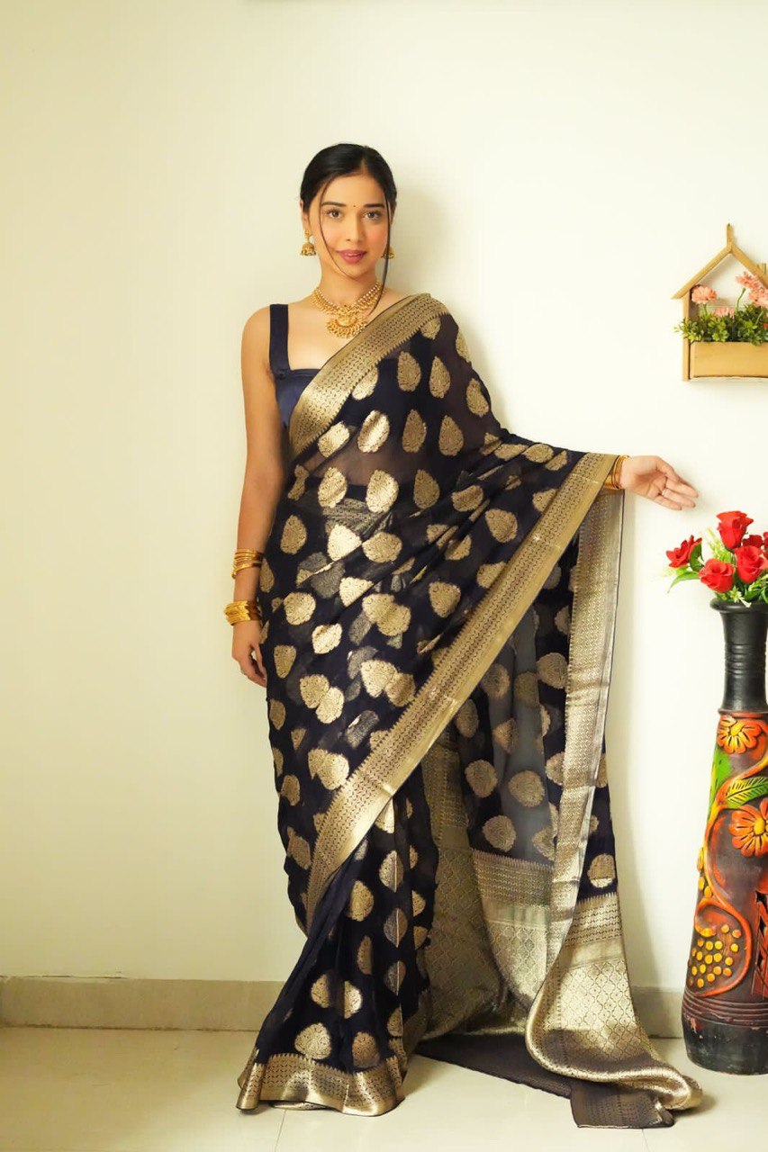 Black Cotton Silk Saree with Elegant Jacquard Weaving and Matching Blouse