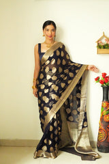 Black Cotton Silk Saree with Elegant Jacquard Weaving and Matching Blouse