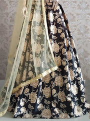 Black Satin Lehenga Choli with Golden Floral Print & Sheer Dupatta