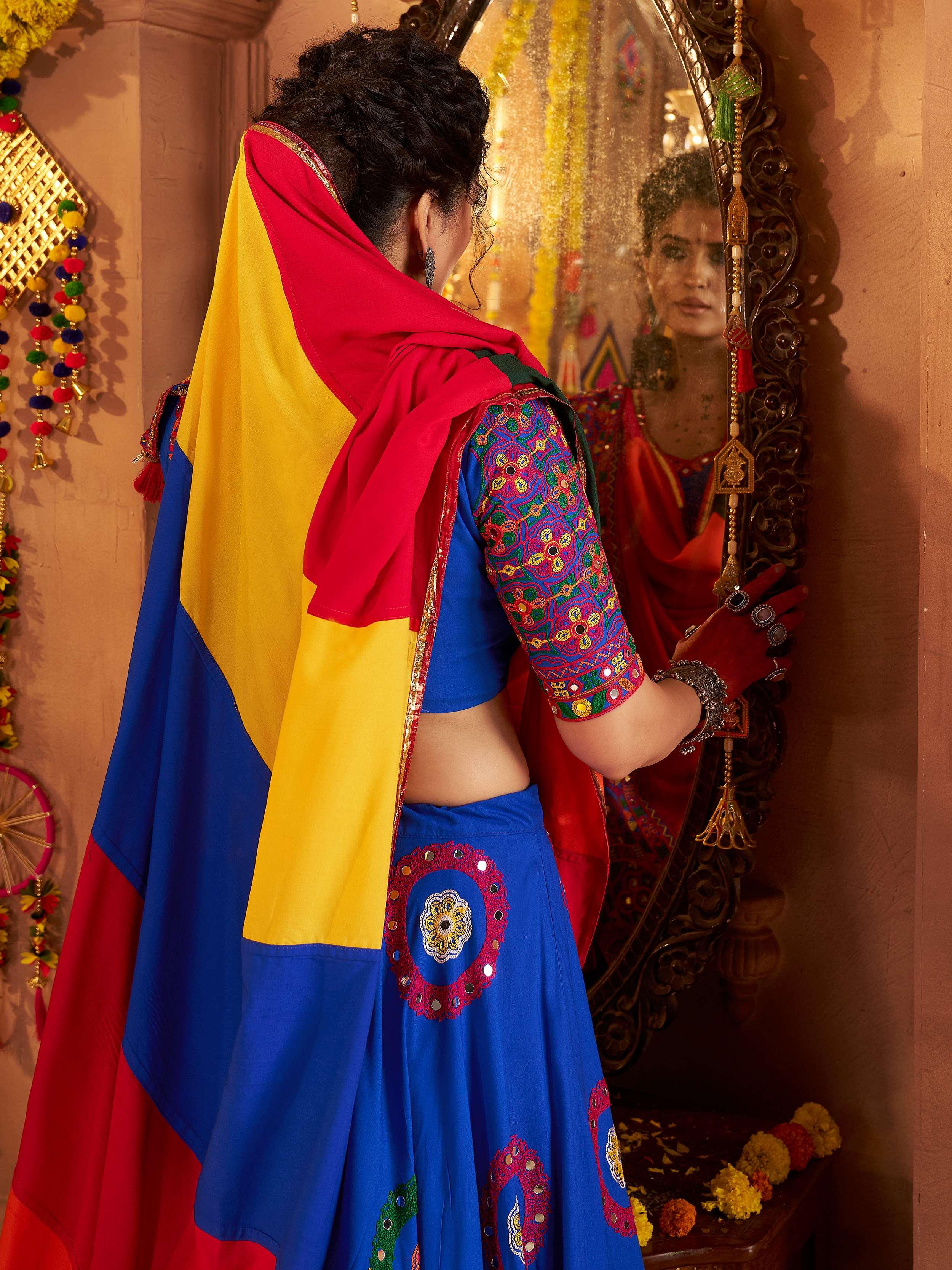 Blue Embroidered Lehenga Choli with Mirror Work & Multicolor Dupatta
