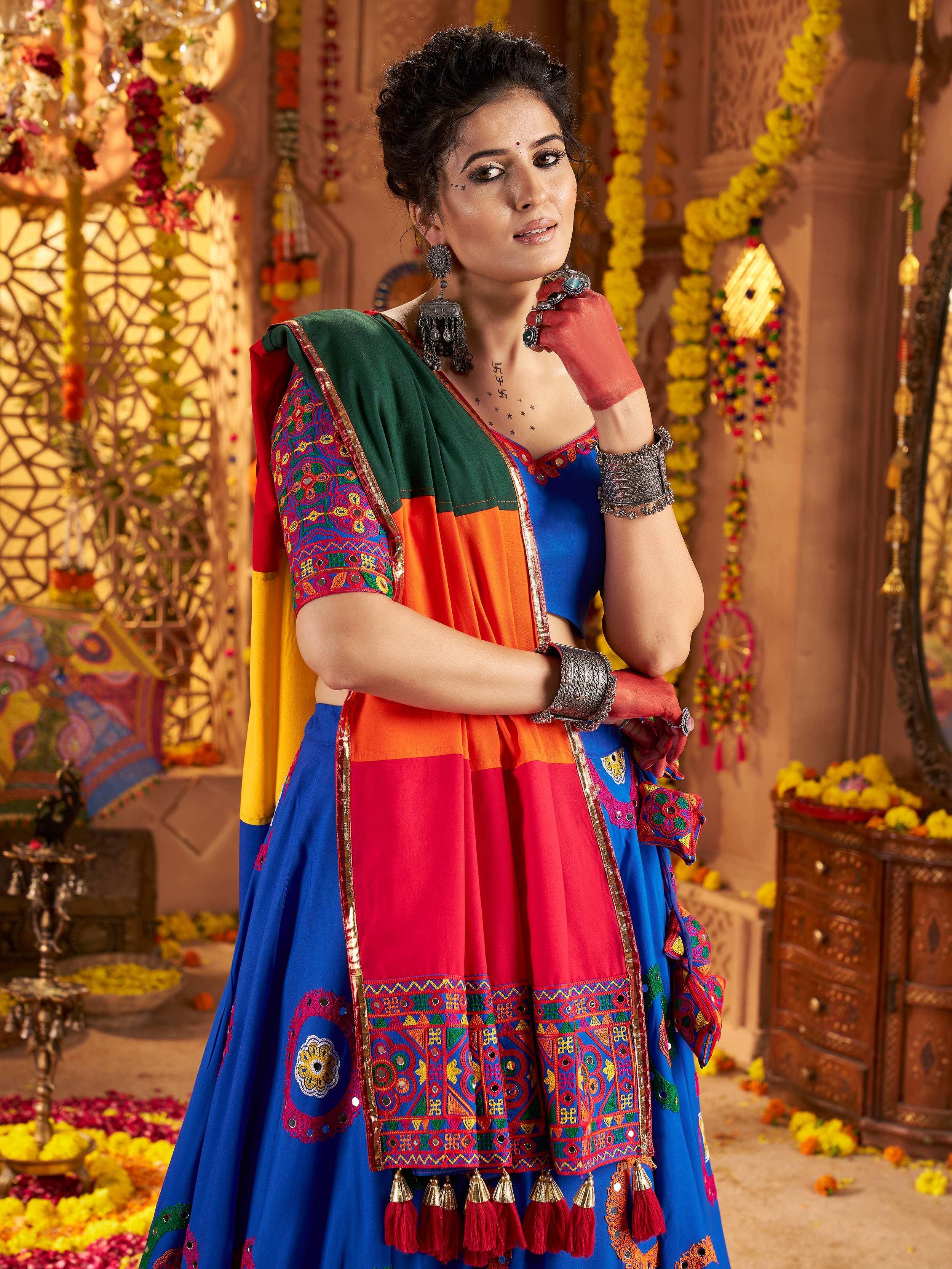 Blue Embroidered Lehenga Choli with Mirror Work & Multicolor Dupatta