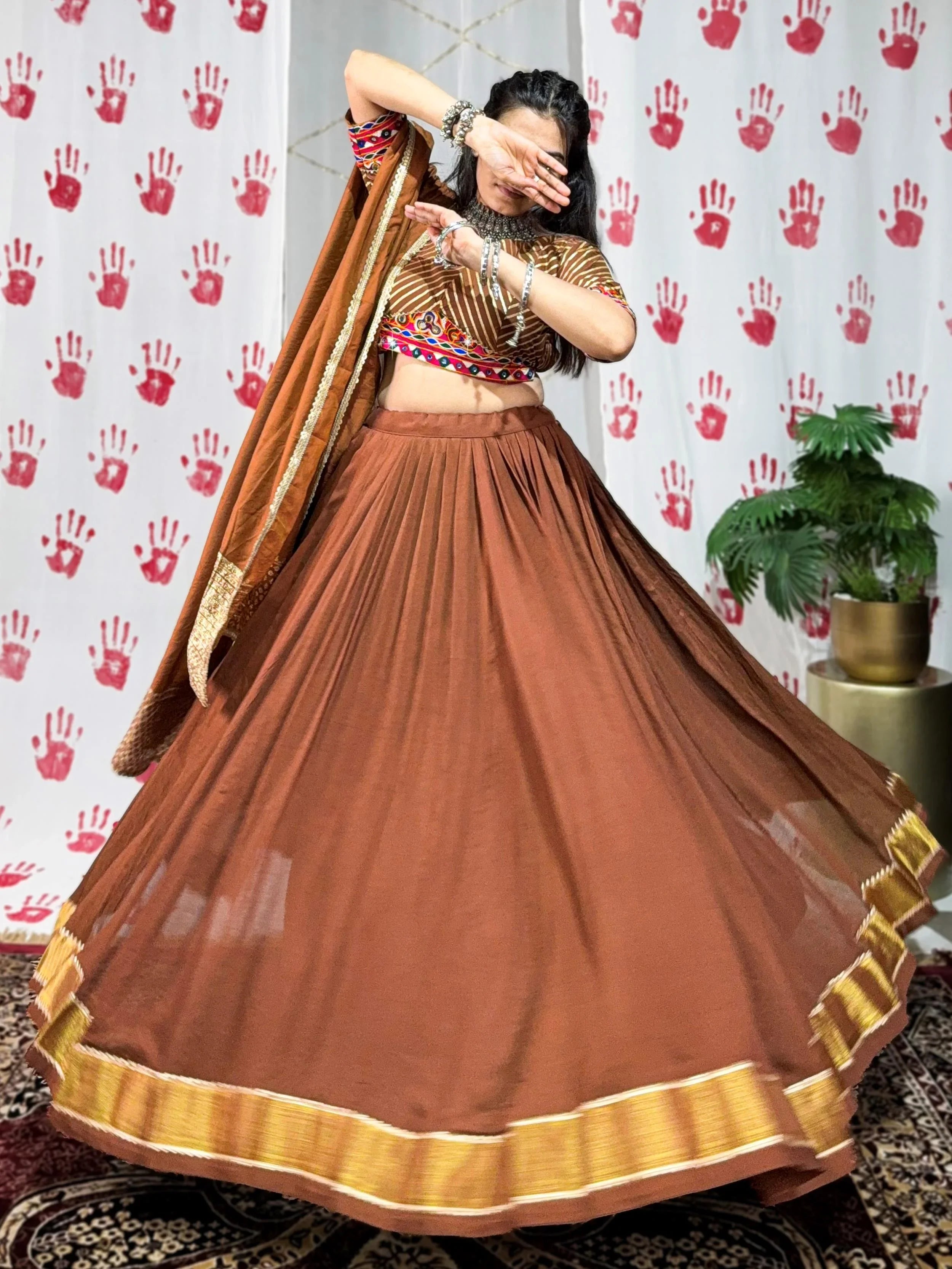 Brown Chanderi Lehenga Choli – Elegant Zari & Gotta Patti Work for Festive Occasions