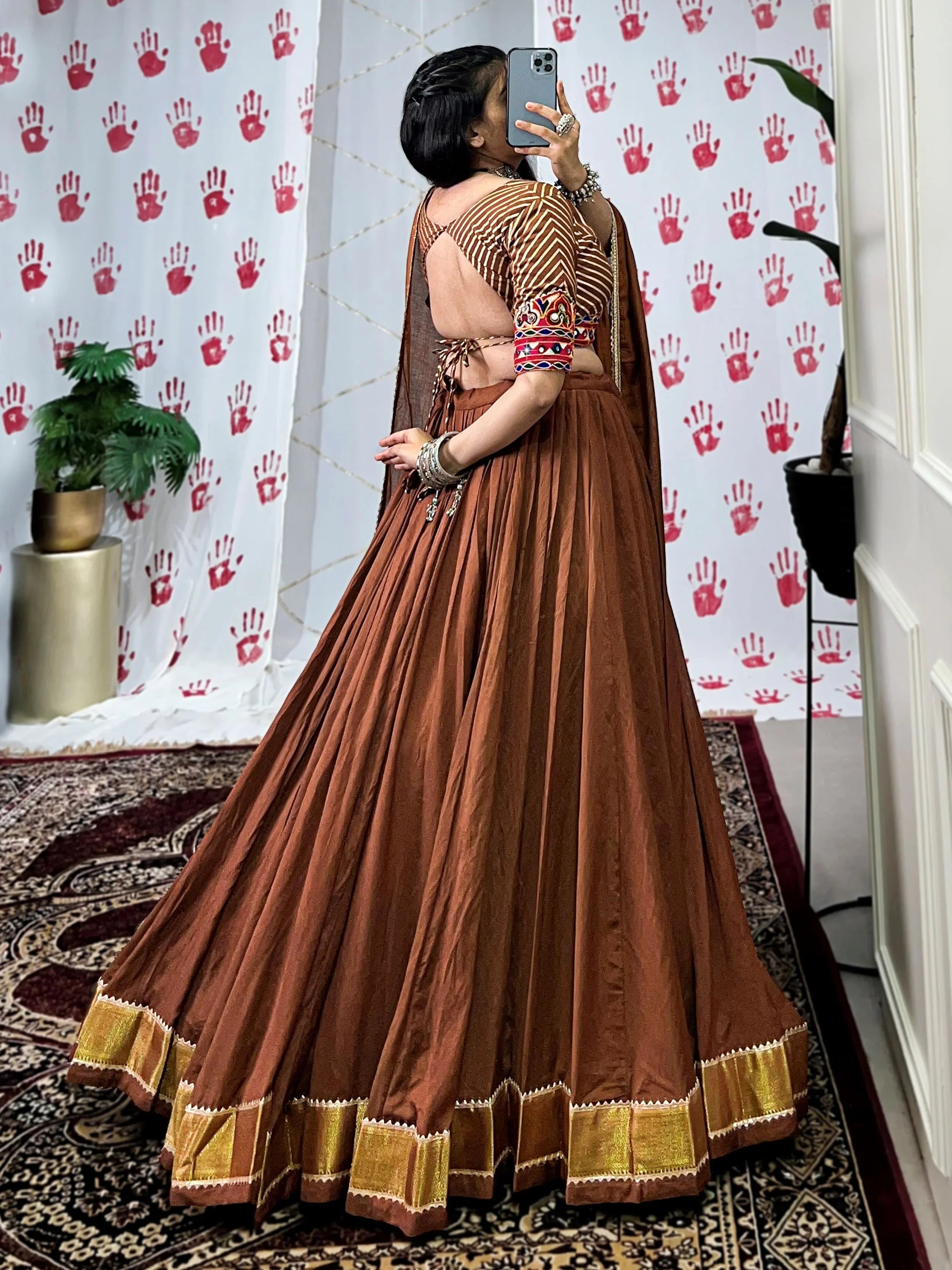 Brown Chanderi Lehenga Choli – Elegant Zari & Gotta Patti Work for Festive Occasions