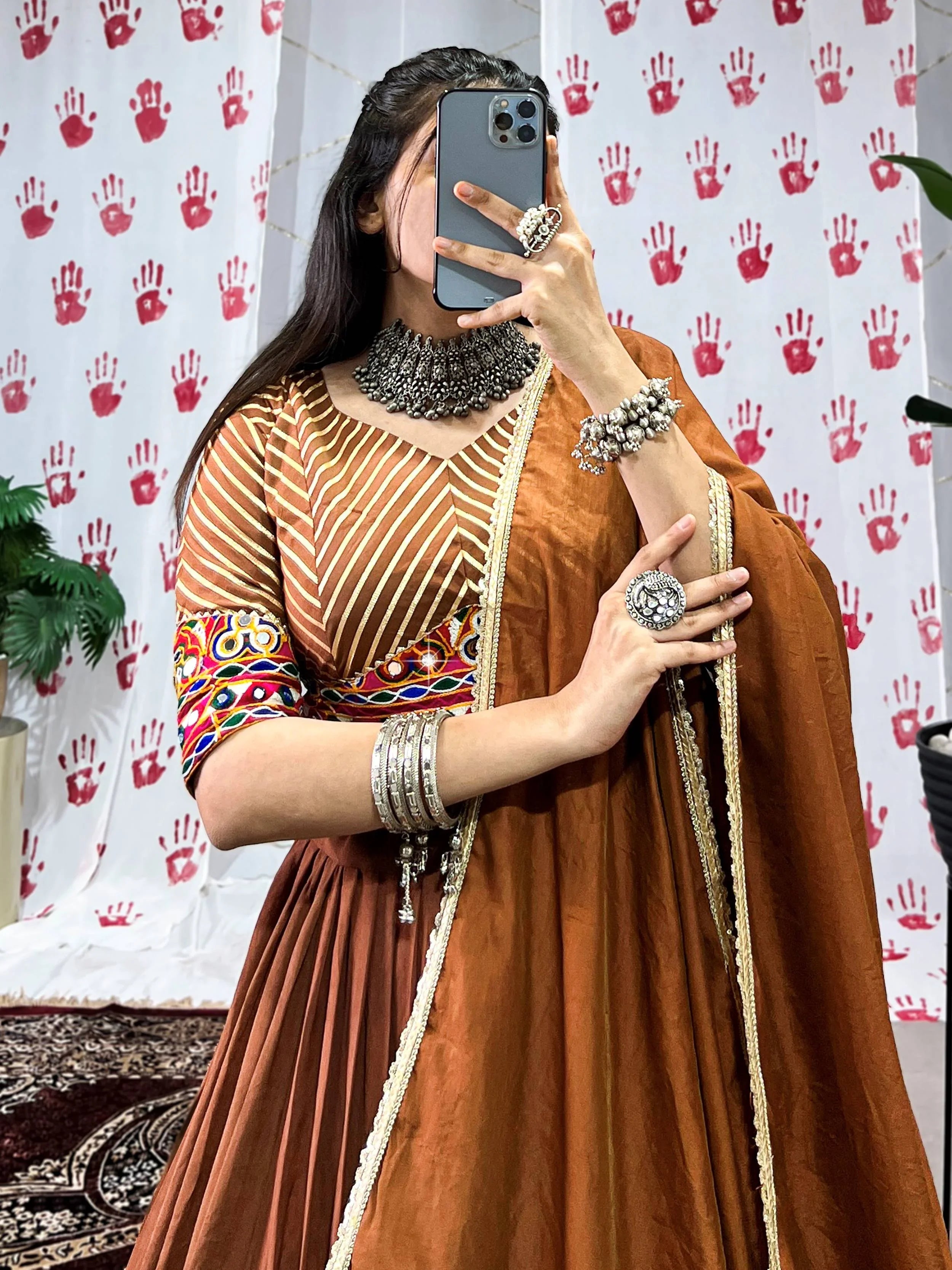Brown Chanderi Lehenga Choli – Elegant Zari & Gotta Patti Work for Festive Occasions