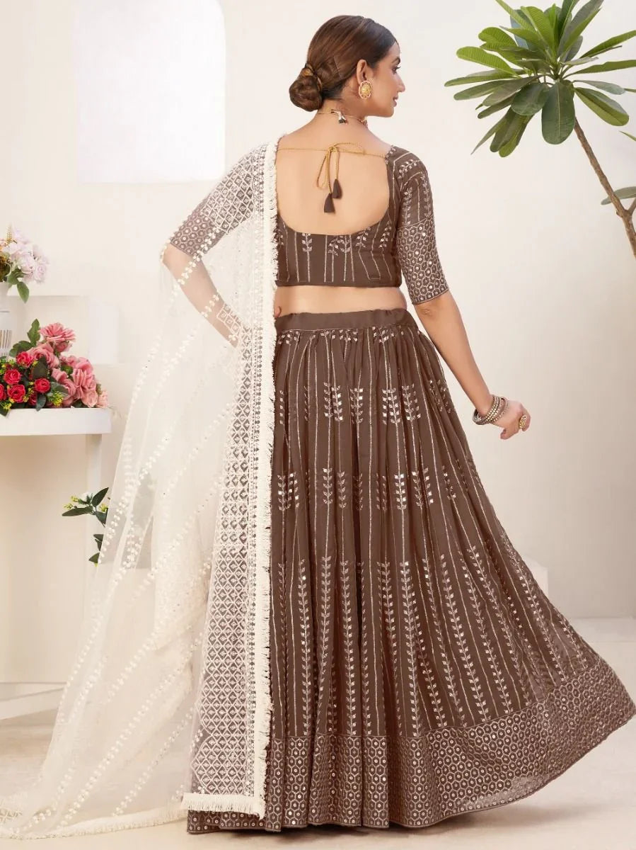 Brown Georgette Lehenga Choli with Sequins & Thread Embroidery