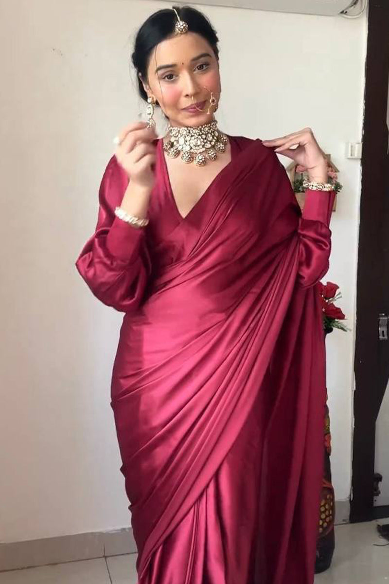 Chic Dark Pink Satin Silk Saree with Matching Blouse Piece