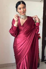 Chic Dark Pink Satin Silk Saree with Matching Blouse Piece
