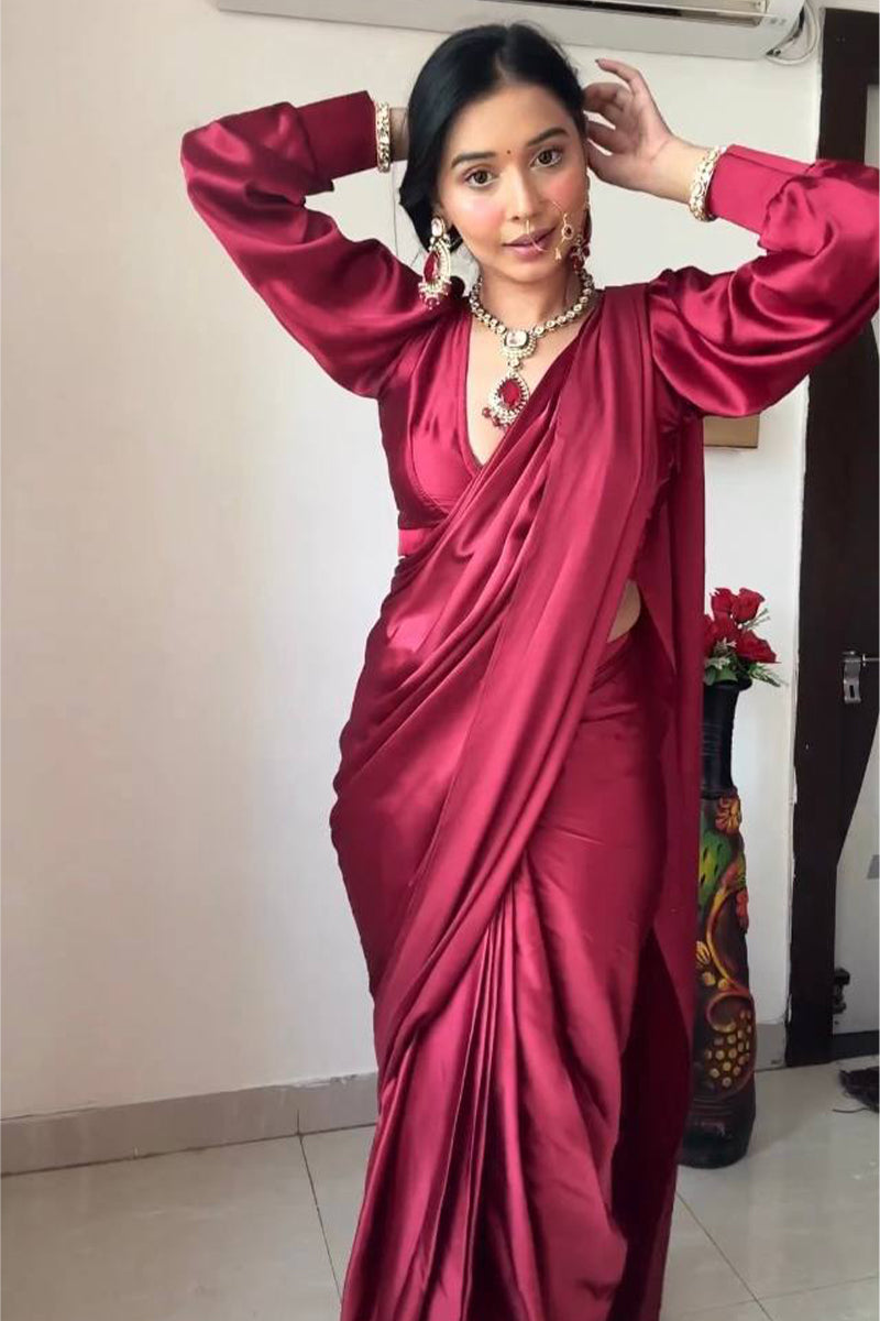 Chic Dark Pink Satin Silk Saree with Matching Blouse Piece
