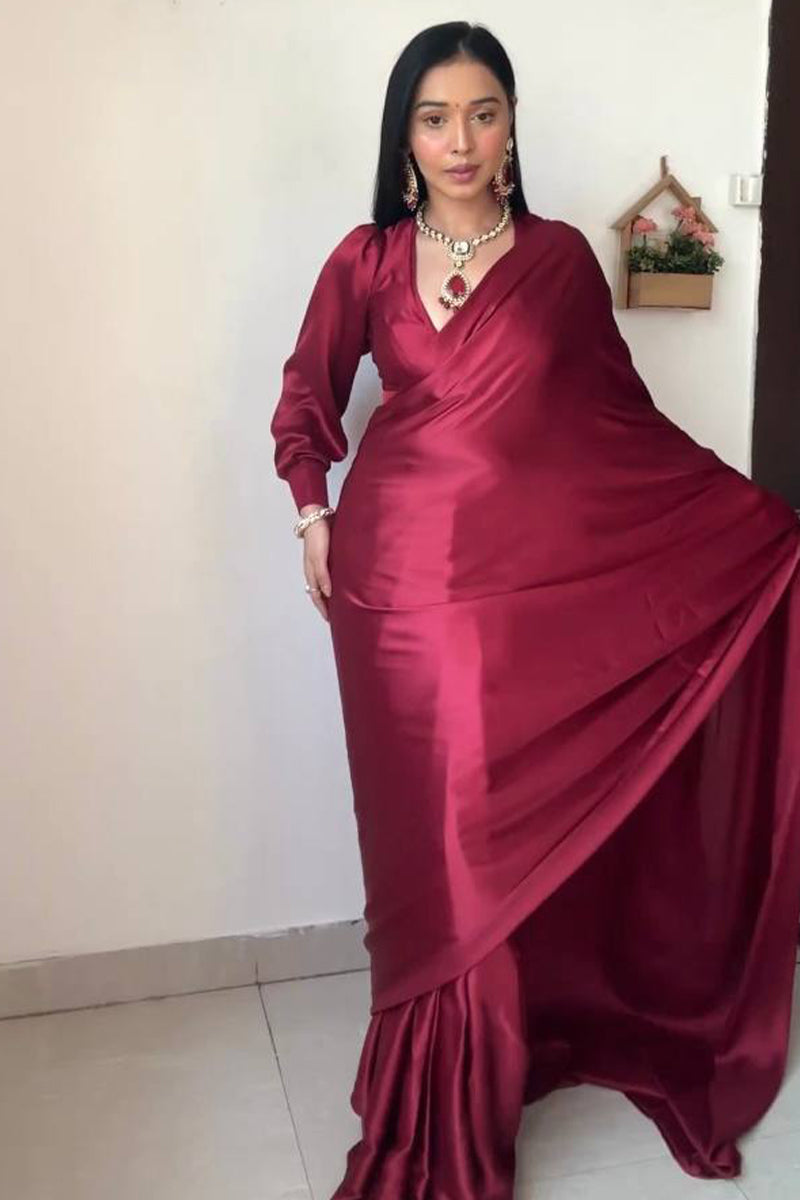 Chic Dark Pink Satin Silk Saree with Matching Blouse Piece