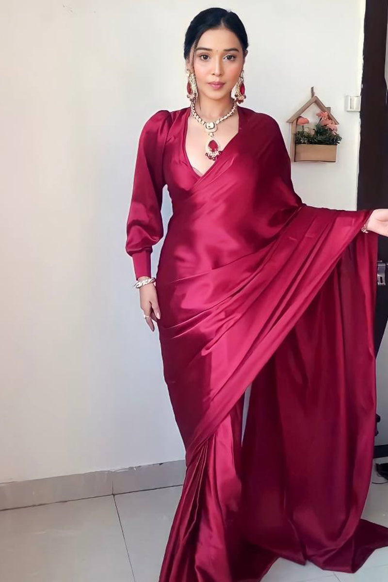 Chic Dark Pink Satin Silk Saree with Matching Blouse Piece