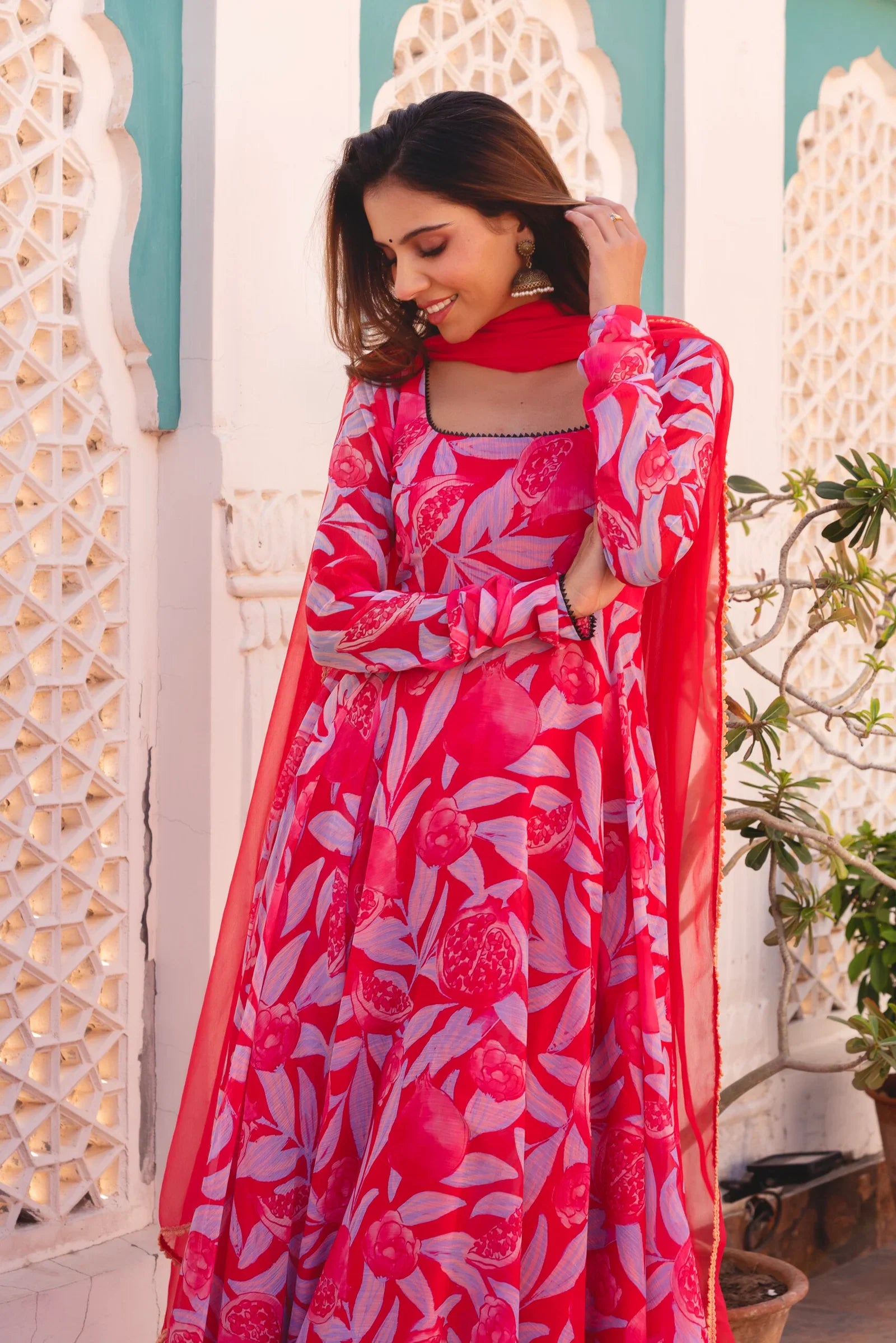 Chiffon 3-Piece Side-Zip Suit Set with Cotton Bottoms