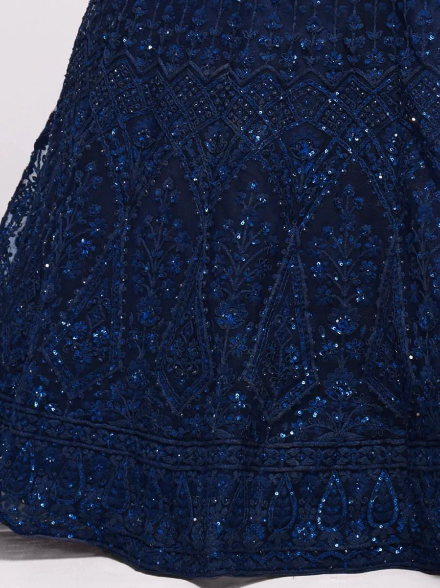 Dark Blue Net Silk Lehenga Choli with Sequins & Stone Embroidery