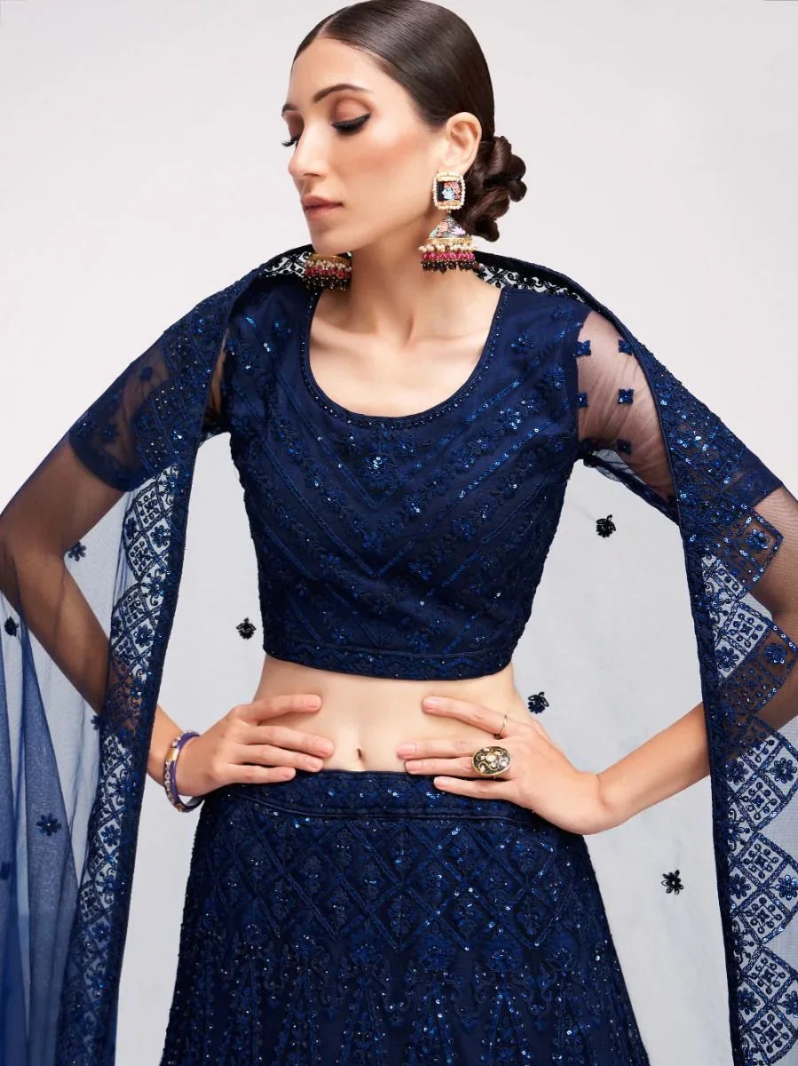 Dark Blue Net Silk Lehenga Choli with Sequins & Stone Embroidery