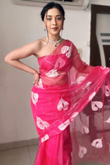 Dark Pink Organza Silk Saree with Printed Design & Unstitched Blouse Piece