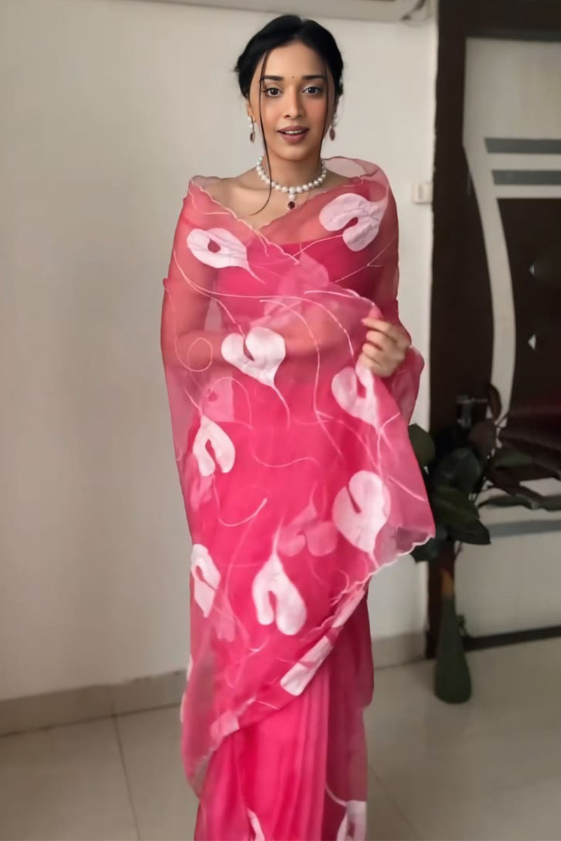 Dark Pink Organza Silk Saree with Printed Design & Unstitched Blouse Piece