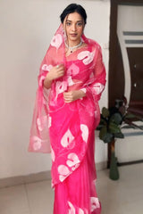 Dark Pink Organza Silk Saree with Printed Design & Unstitched Blouse Piece