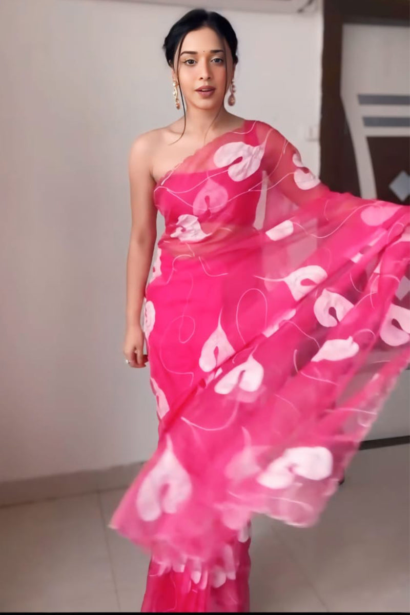 Dark Pink Organza Silk Saree with Printed Design & Unstitched Blouse Piece