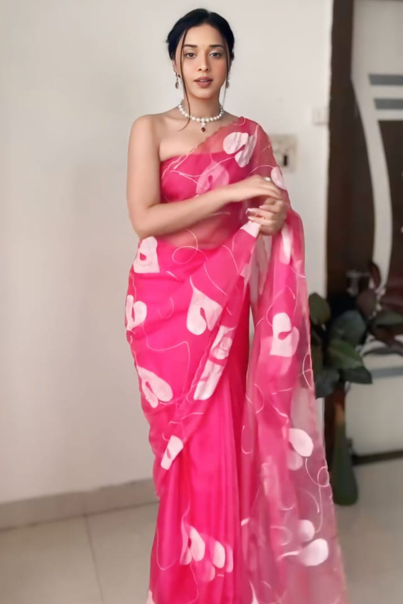 Dark Pink Organza Silk Saree with Printed Design & Unstitched Blouse Piece