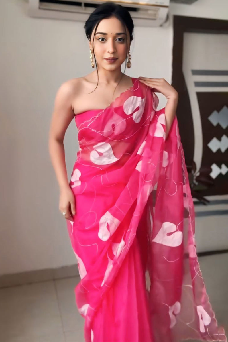 Dark Pink Organza Silk Saree with Printed Design & Unstitched Blouse Piece