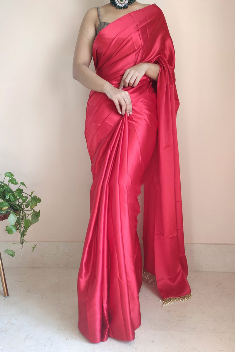 Dark Pink Satin Silk Ready-To-Wear Saree with Grey Blouse