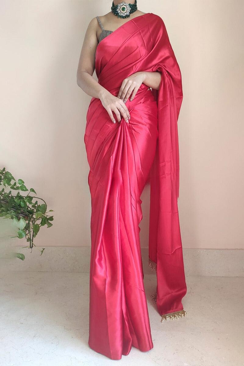 Dark Pink Satin Silk Ready-To-Wear Saree with Grey Blouse