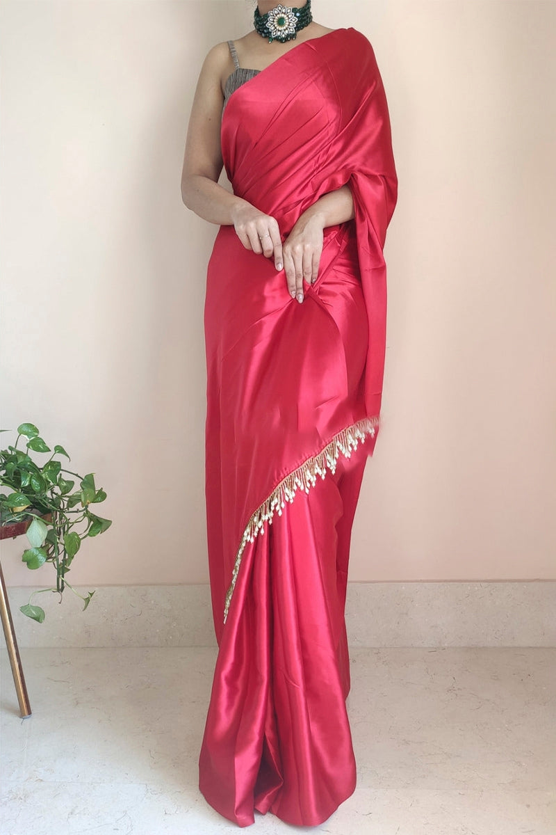 Dark Pink Satin Silk Ready-To-Wear Saree with Grey Blouse