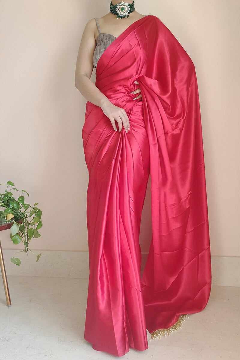 Dark Pink Satin Silk Ready-To-Wear Saree with Grey Blouse