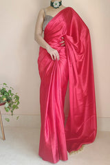 Dark Pink Satin Silk Ready-To-Wear Saree with Grey Blouse