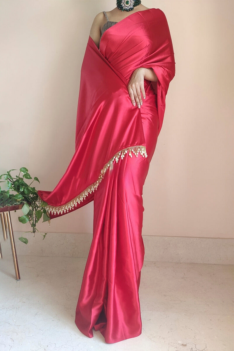 Dark Pink Satin Silk Ready-To-Wear Saree with Grey Blouse