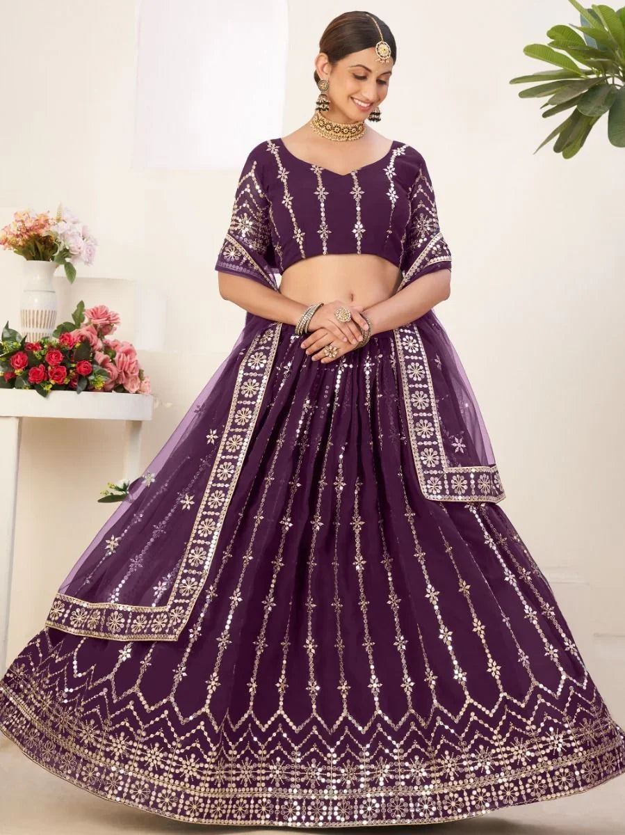Dark Purple Georgette Lehenga Choli – Sequins & Zari Work