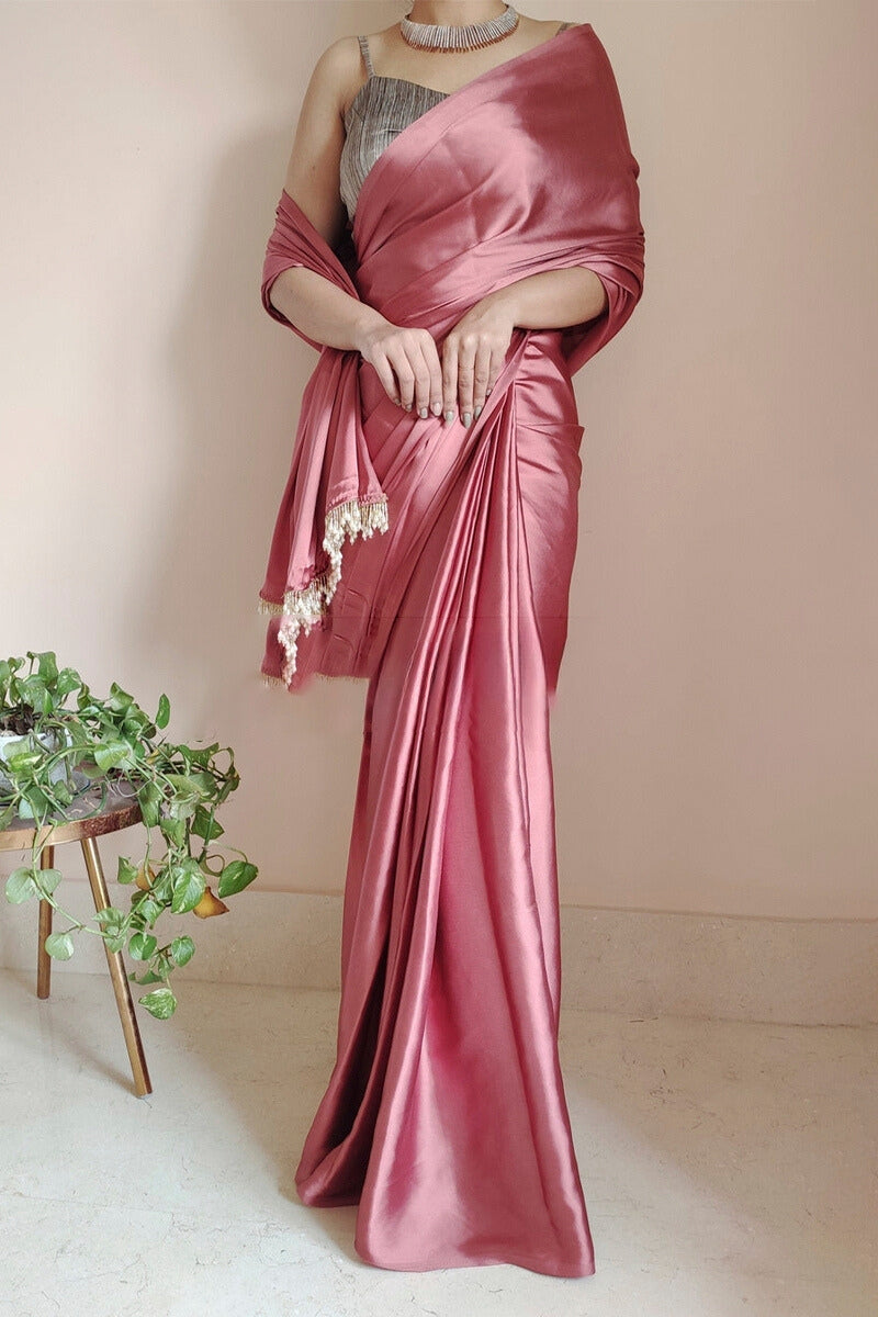 Dusty Rose Satin Silk Ready Saree