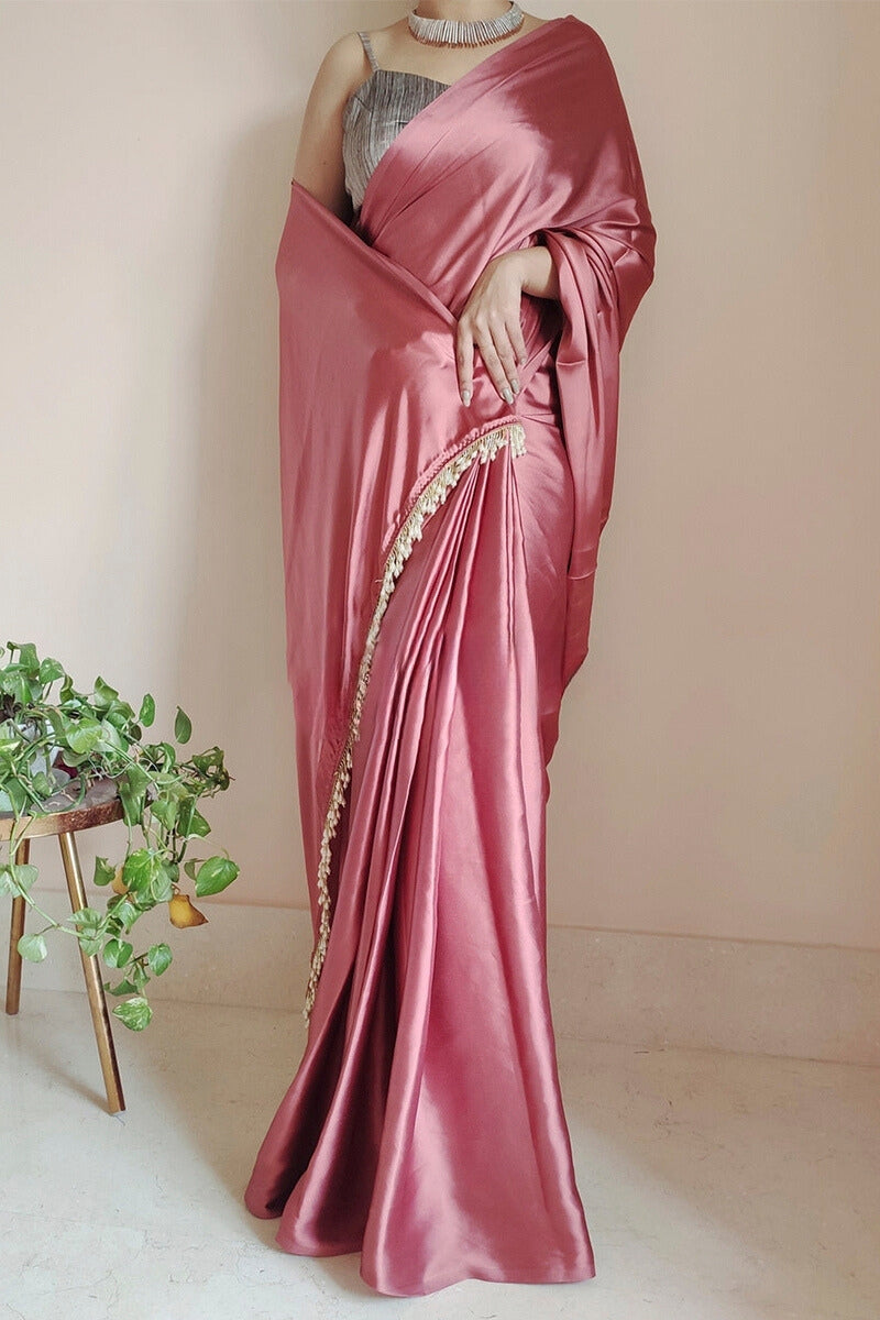 Dusty Rose Satin Silk Ready Saree