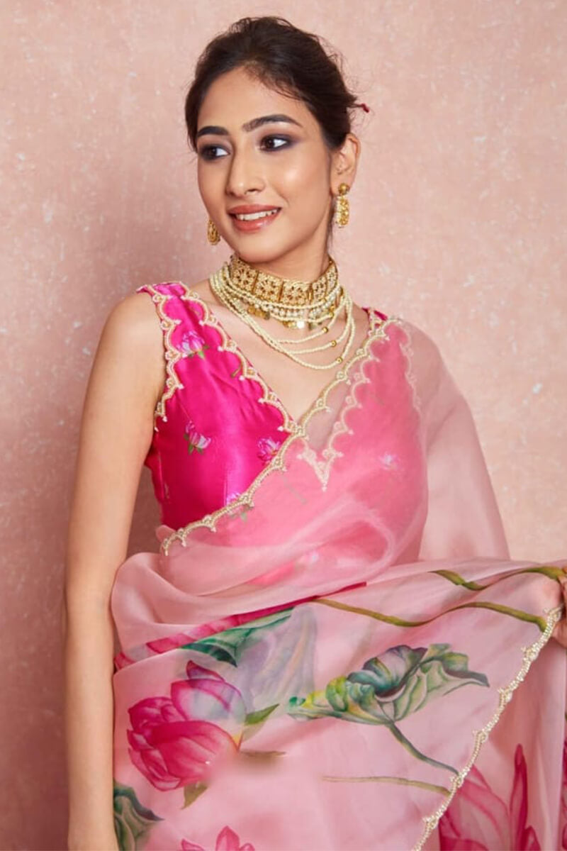 Elegant Baby Pink Organza Silk Saree with Stitched Dark Pink Blouse