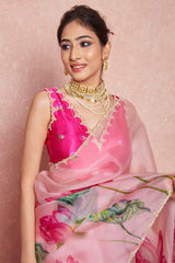 Elegant Baby Pink Organza Silk Saree with Stitched Dark Pink Blouse
