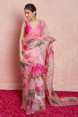 Elegant Baby Pink Organza Silk Saree with Stitched Dark Pink Blouse