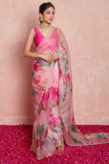 Elegant Baby Pink Organza Silk Saree with Stitched Dark Pink Blouse