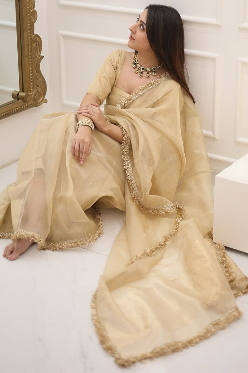 Elegant Beige Cotton Silk Saree with Embroidered Border & Lace Blouse Piece