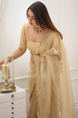 Elegant Beige Cotton Silk Saree with Embroidered Border & Lace Blouse Piece