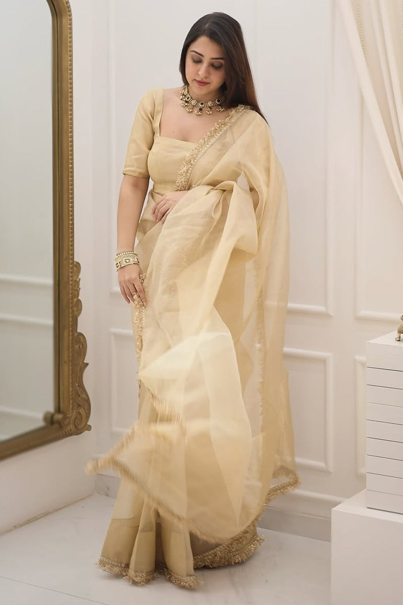 Elegant Beige Cotton Silk Saree with Embroidered Border & Lace Blouse Piece
