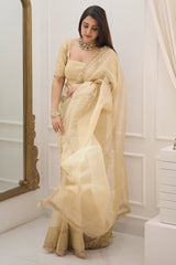 Elegant Beige Cotton Silk Saree with Embroidered Border & Lace Blouse Piece